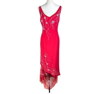 Bianca Bright Red Beaded Embroidered Flower Tulle Sheer Long Formal Gown Dress